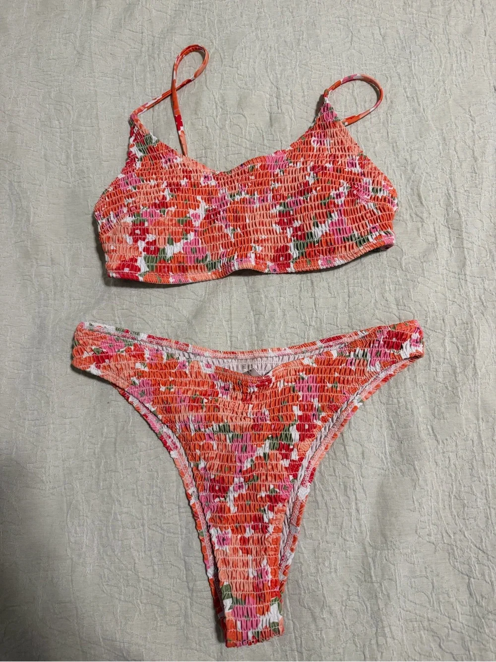 Smocked Floral Bandeau Bikini Top in Coral Pink